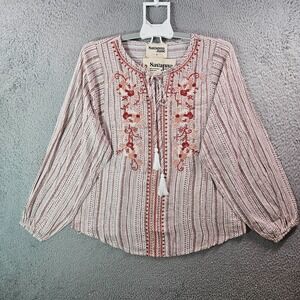 NEW Savanna Jane‎ Top Blouse Women Small Embroidered Long Sleeve White Red Brown